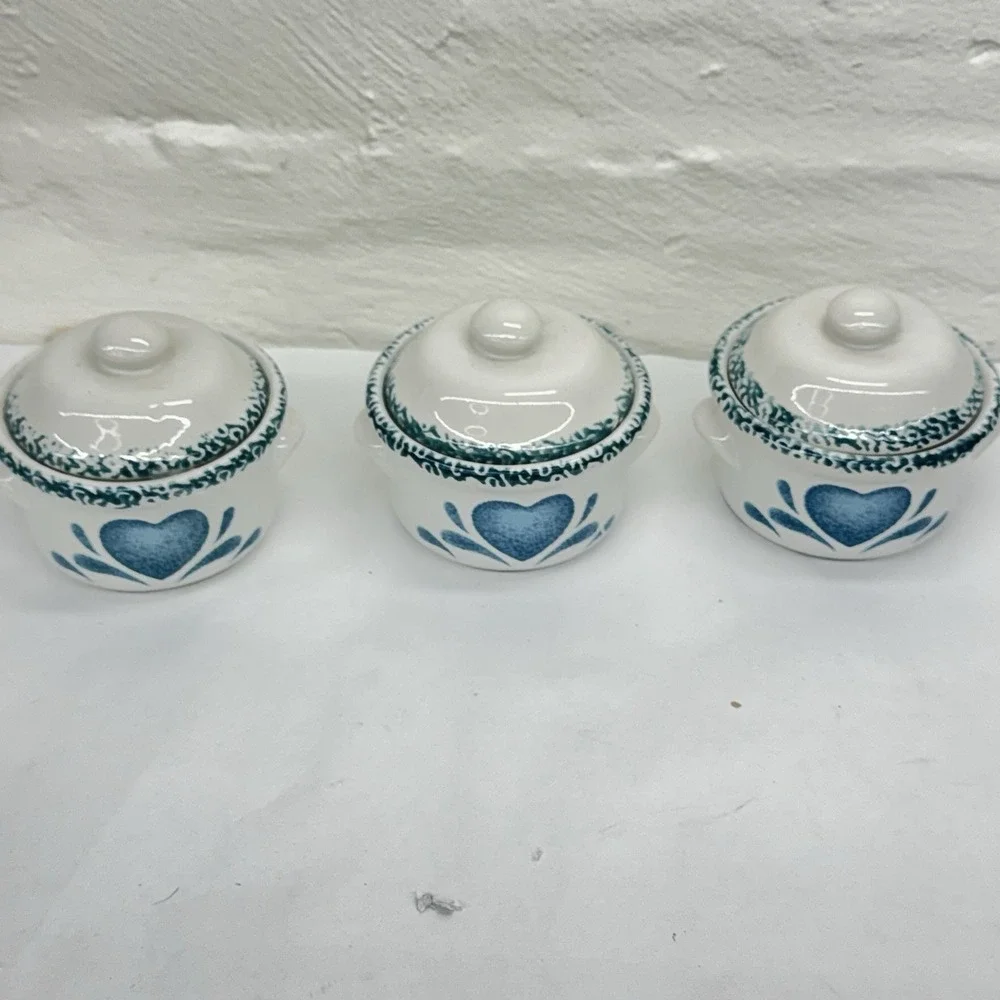 Vintage Set of Spongeware Blue Heart Crock with Lids 3 Country Grandmacore Farm